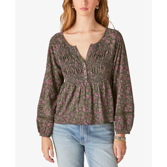 LUCKY BRAND Babydoll Top Sz L Black Pink Floral Textured Smock VNeck 100% Cotton - Picture 3 of 14